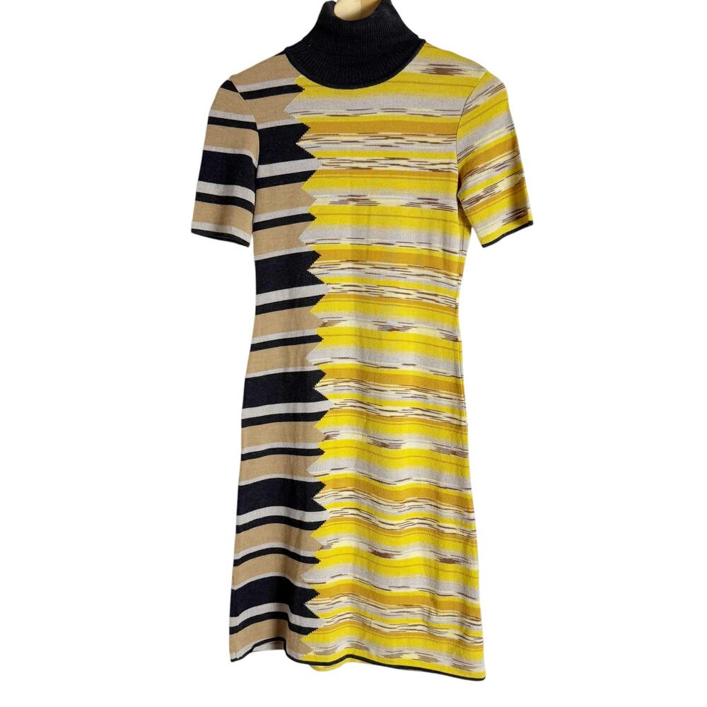 Vintage Missoni Wool Black Yellow Striped Turtleneck Short Sleeve Dress Size S